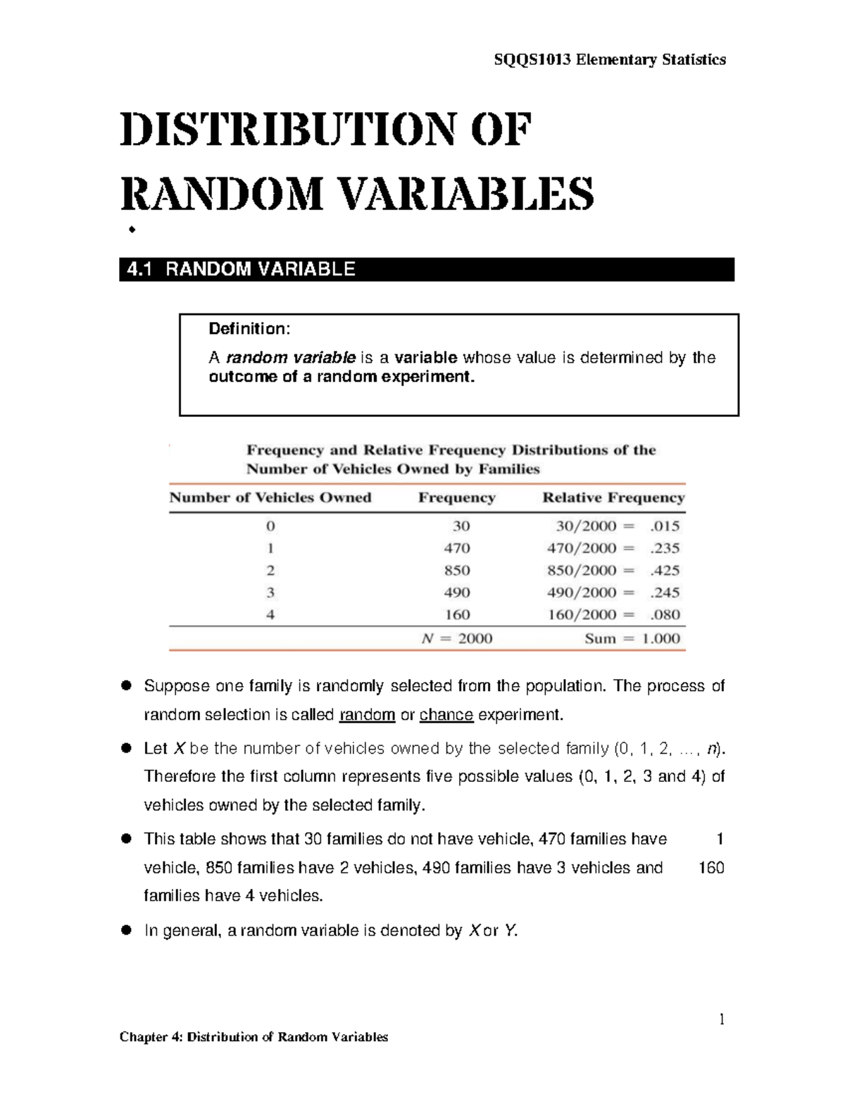 Chapter 4 - notes - 1 DISTRIBUTION OF RANDOM VARIABLES 4 RANDOM ...
