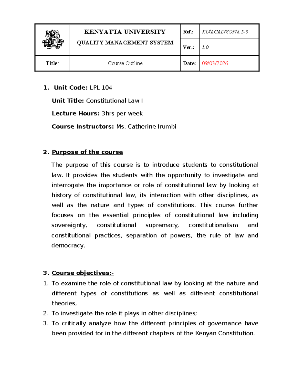 LPL 104 Course Outline: Constitutional Law I (2025-2026) - Studocu