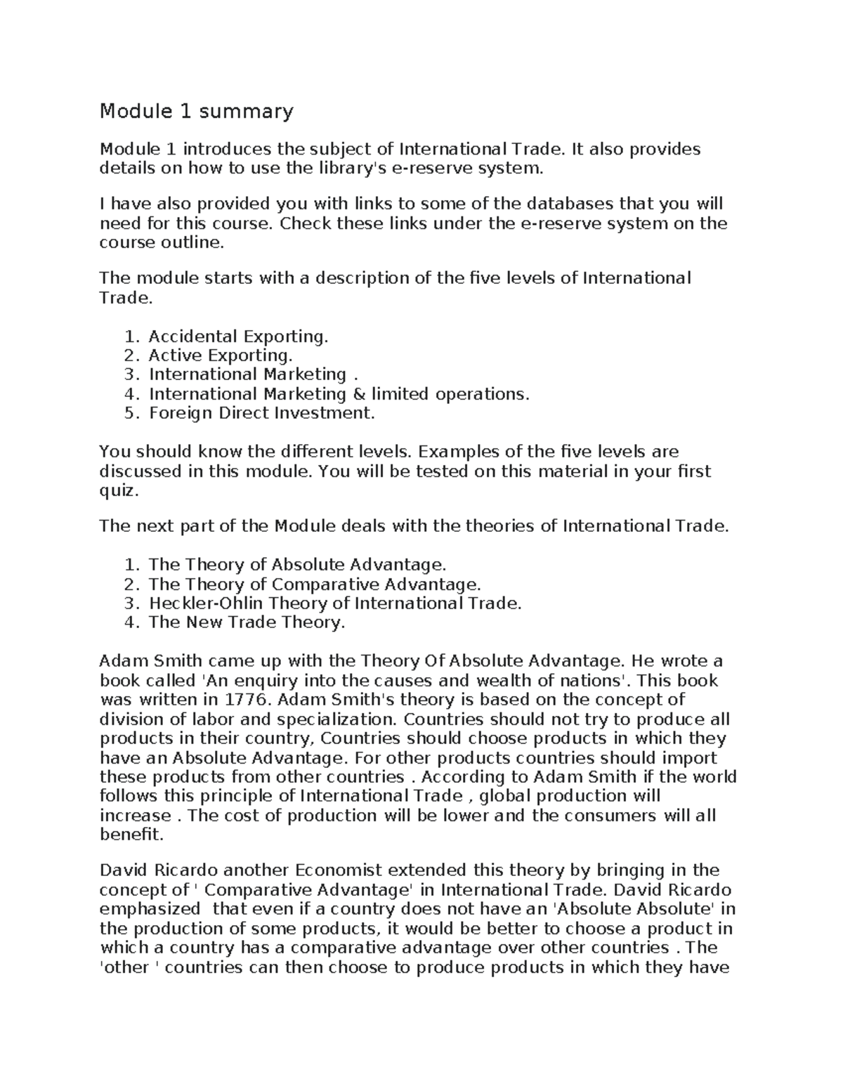 Module 1 Summary: Introduction to International Trade - GMS 723 - Studocu