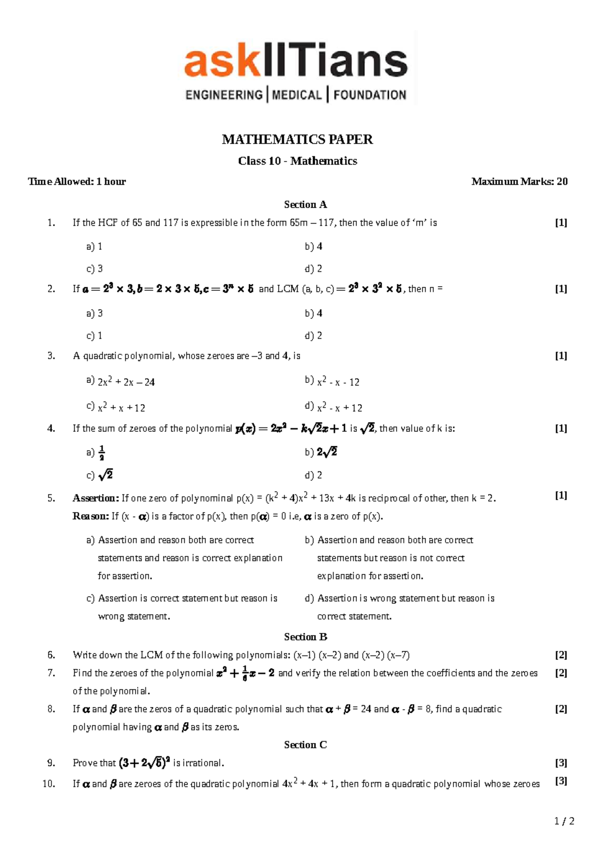 MATHEMATICS PAPER Class 10 - Study Notes and Practice Questions - Studocu