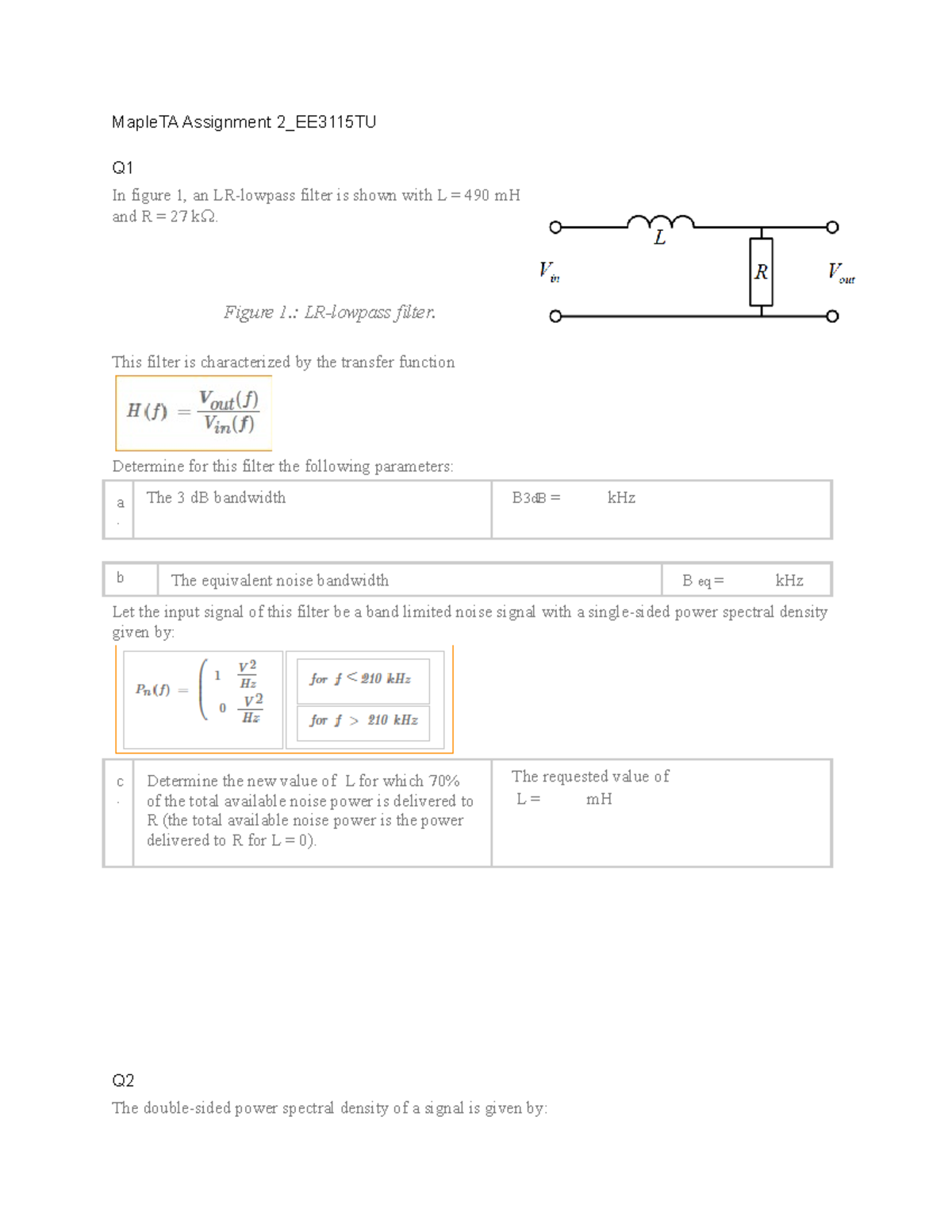Maple TA Assignment 2 - EE3115TU: LR-Lowpass Filter Analysis - Studeersnel