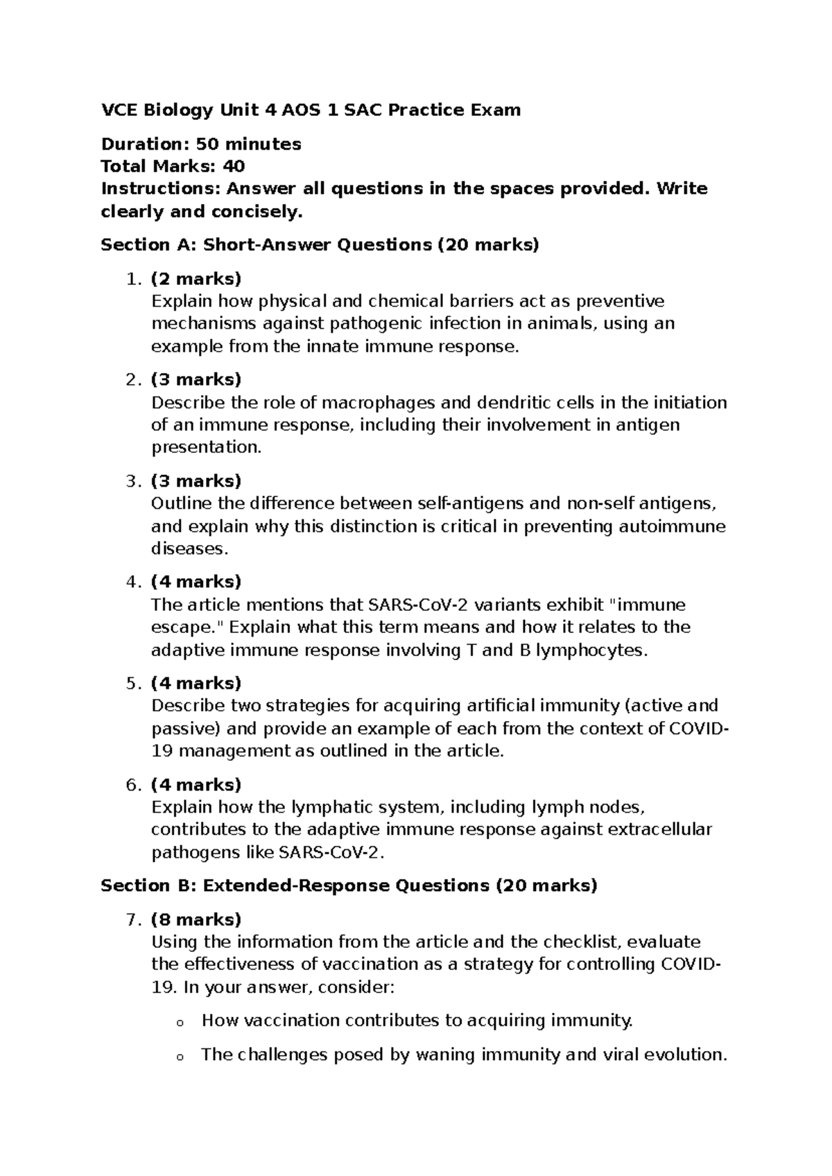 VCE Biology Unit 4 AOS 1 SAC Practice Exam: Immune Response Strategies ...