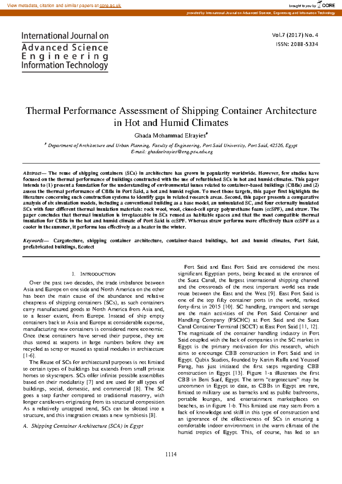 Thermal Performance Assessment of Shipping Container Architecture in ...
