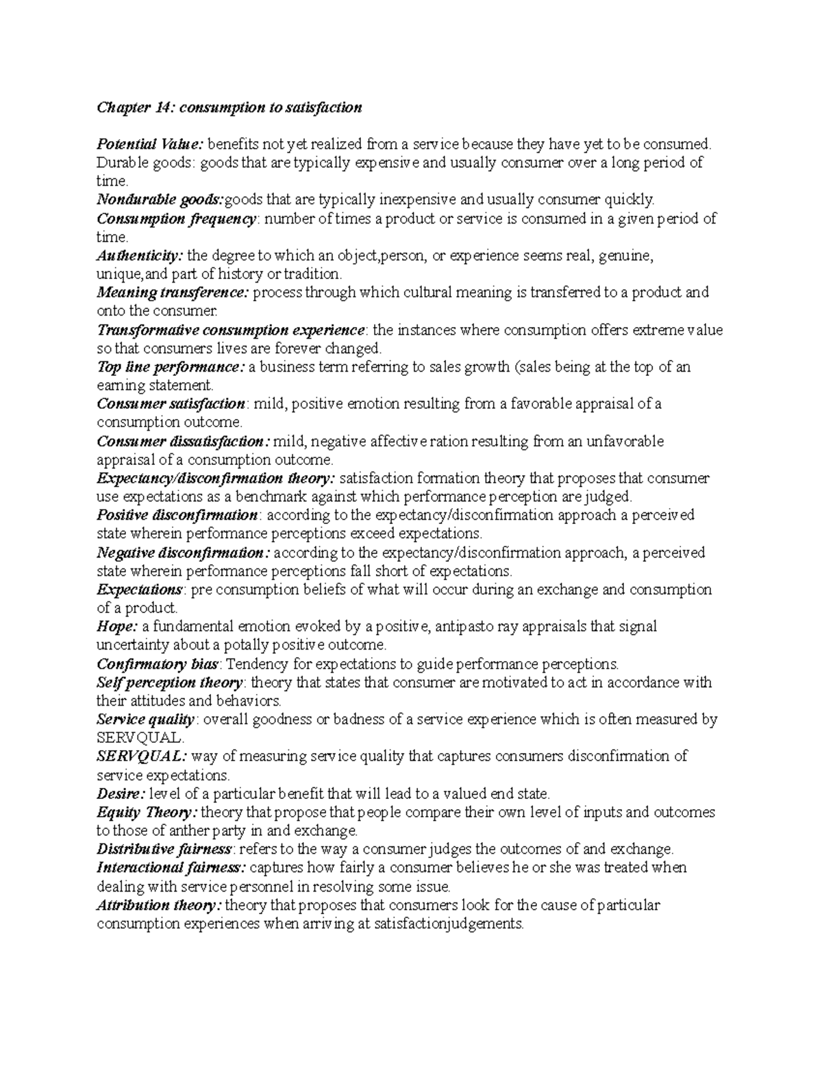 Chapter 14 Notes: From Consumption to Consumer Satisfaction - Studocu