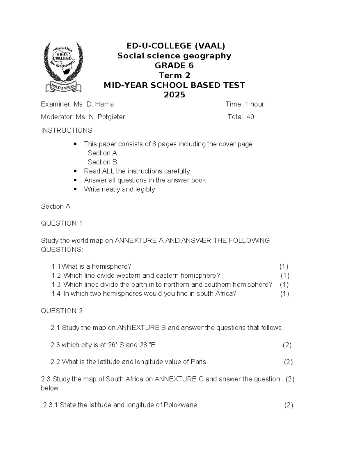 (VAAL) Social Science Geography GRADE 6 Term 2 School Based Test 2025 ...