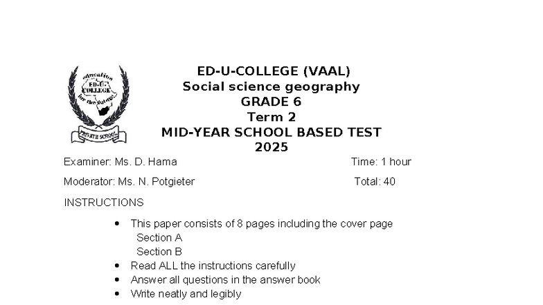 (VAAL) Social Science Geography GRADE 6 Term 2 School Based Test 2025 ...
