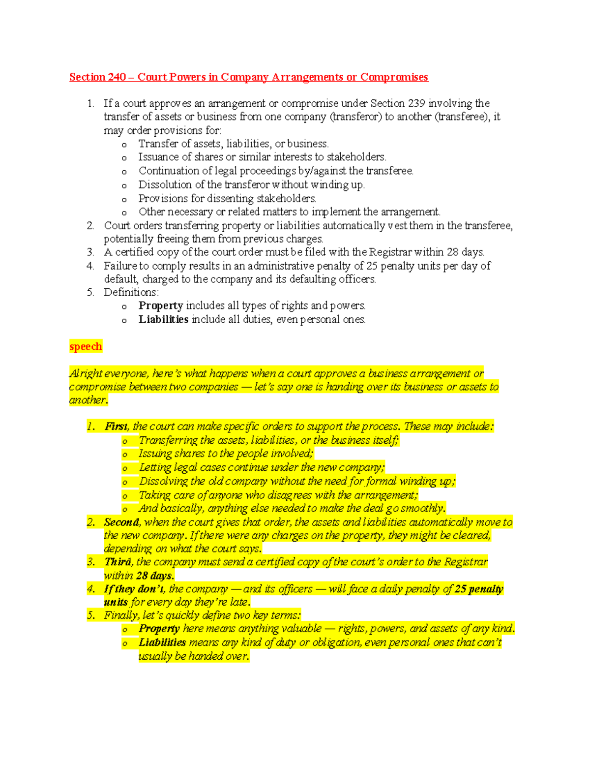 Section 240 - Court Powers in Company Arrangements & Mergers - Studocu