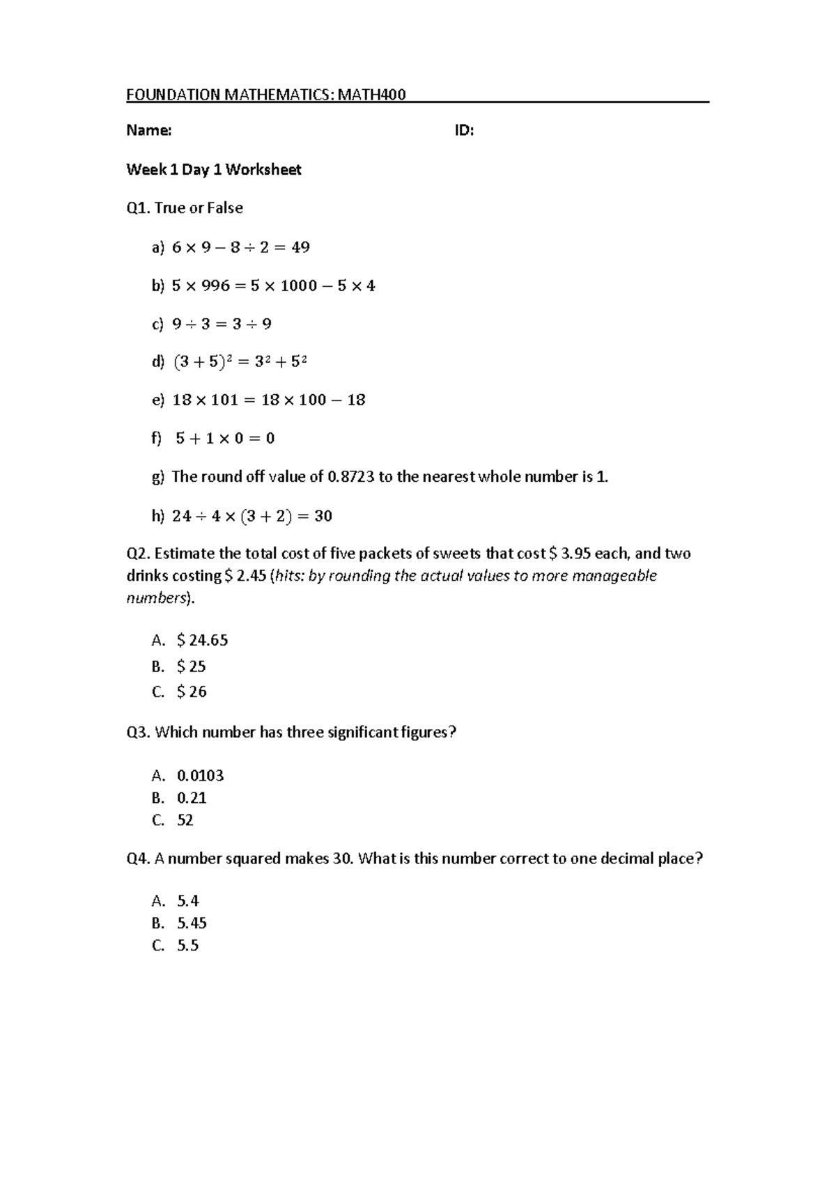 Week+1+Day+1+Worksheet - FOUNDATION MATHEMATICS: MATH Name: ID: Week 1 ...