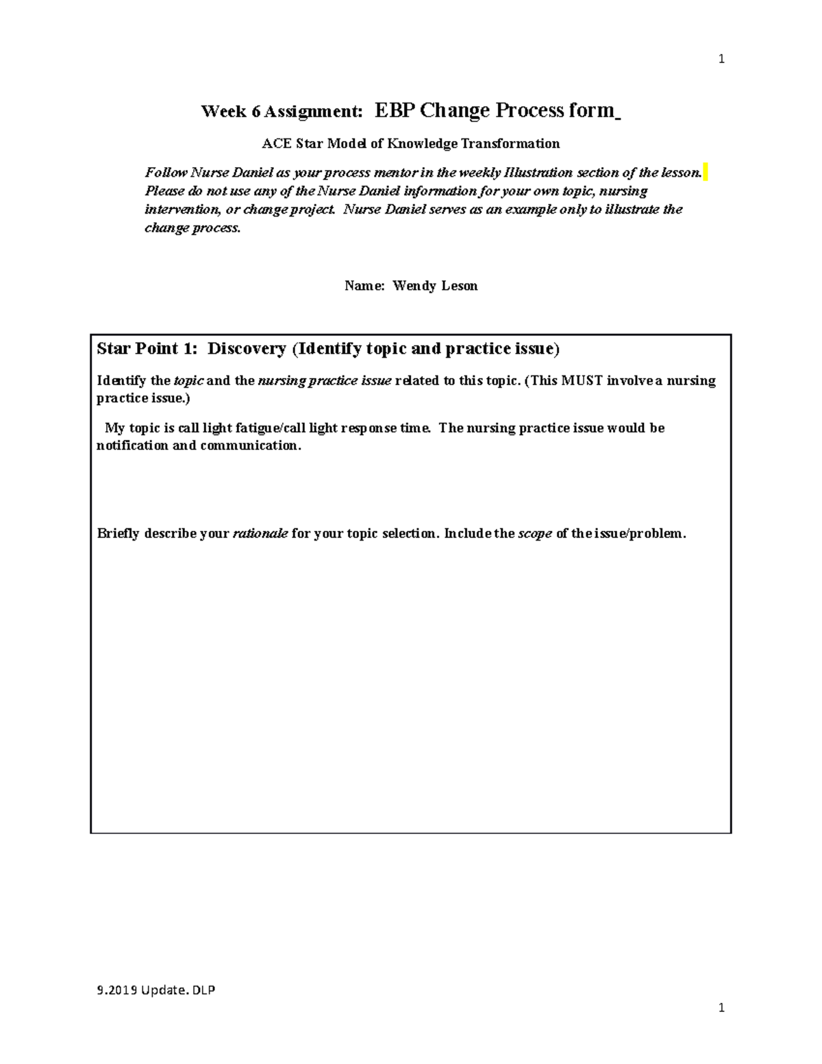Week 6 EBP Change Process - NR451 by Wendy Leson - Studocu