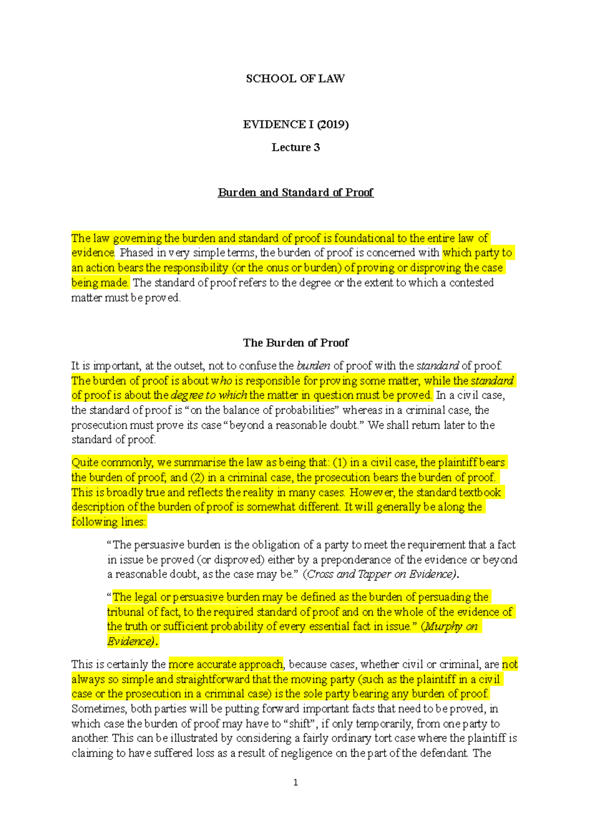 Lecture 3- Burden OF Proof - SCHOOL OF LAW EVIDENCE I (2019) Lecture 3 ...