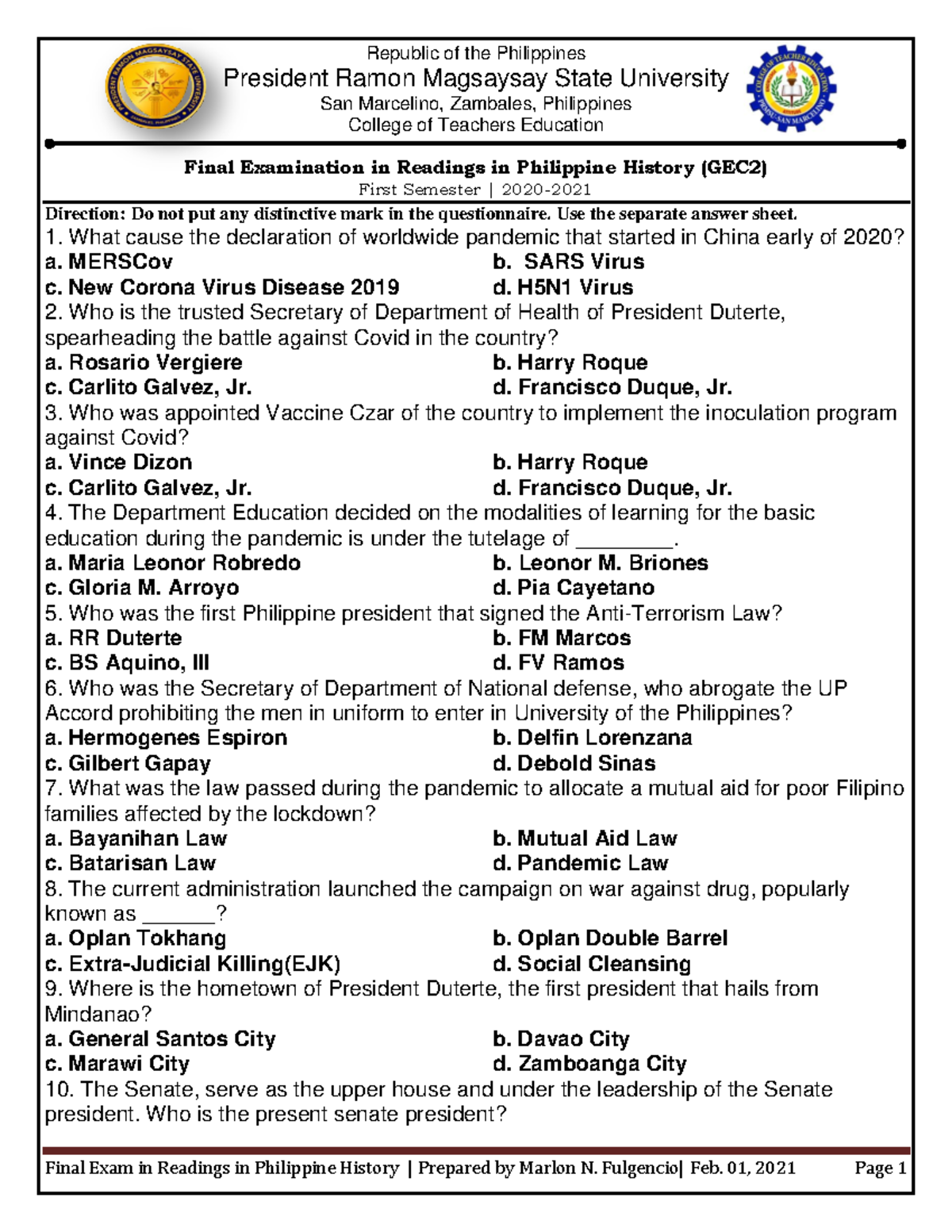 Final Exam: Readings in Philippine History (GEC2) 2021 Questions - Studocu