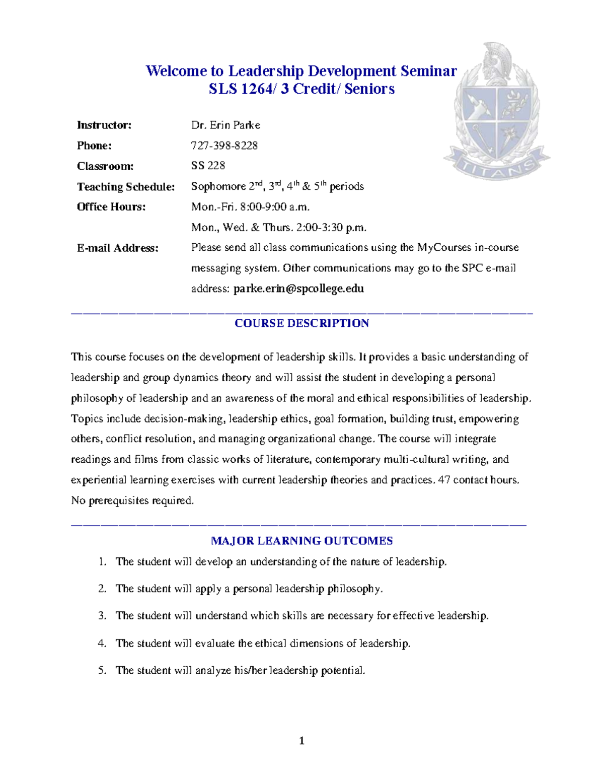 SLS 1264 Leadership Development Seminar Syllabus Overview - Studocu