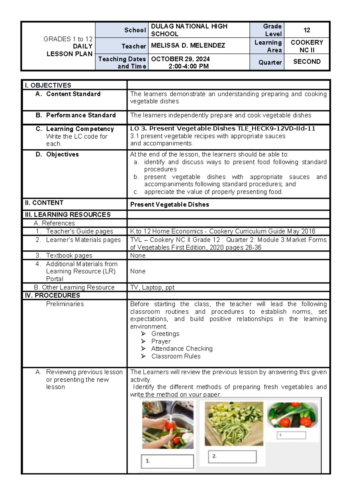 Grade 12 Cookery NC II: Daily Lesson Plan on Vegetable Dishes - Studocu