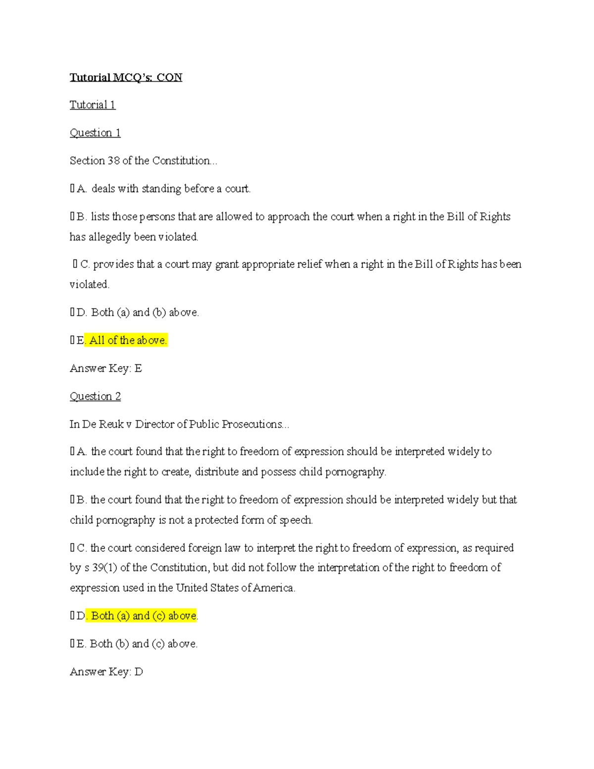Tutorial MCQ: Constitutional Law - Comprehensive Study Guide - Studocu