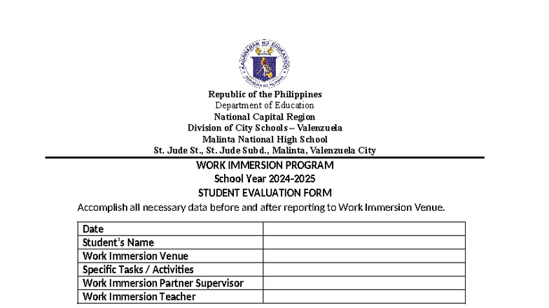 Student Evaluation Form for Work Immersion Program SY 2024-2025 - Studocu