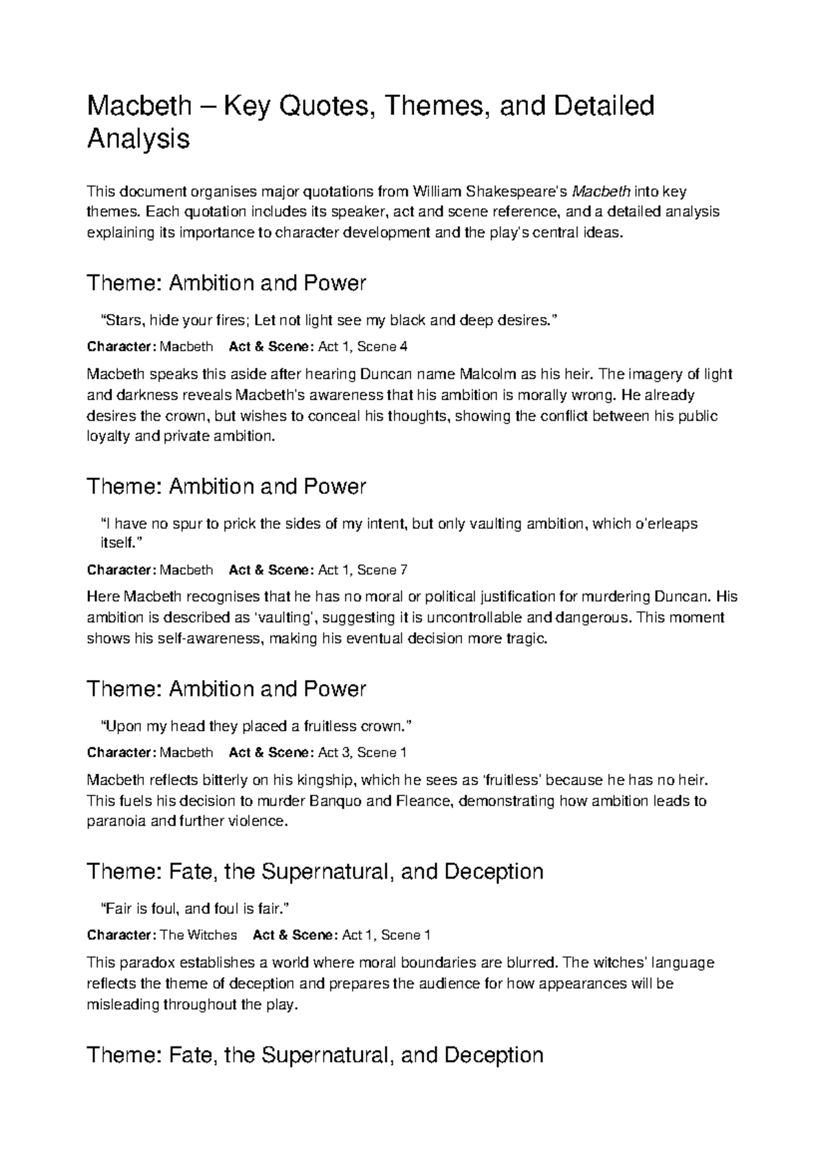 Macbeth (ENG 101) Key Quotes, Themes & In-Depth Analysis - Studocu