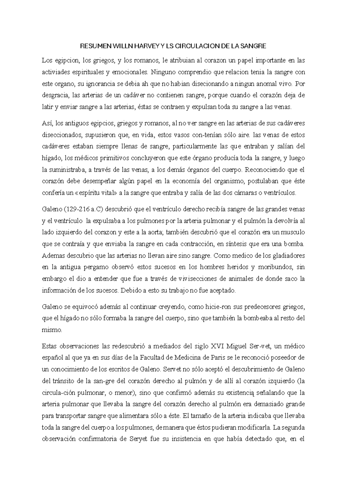 Resumen de Willn Harvey y la Circulación de la Sangre - Studocu