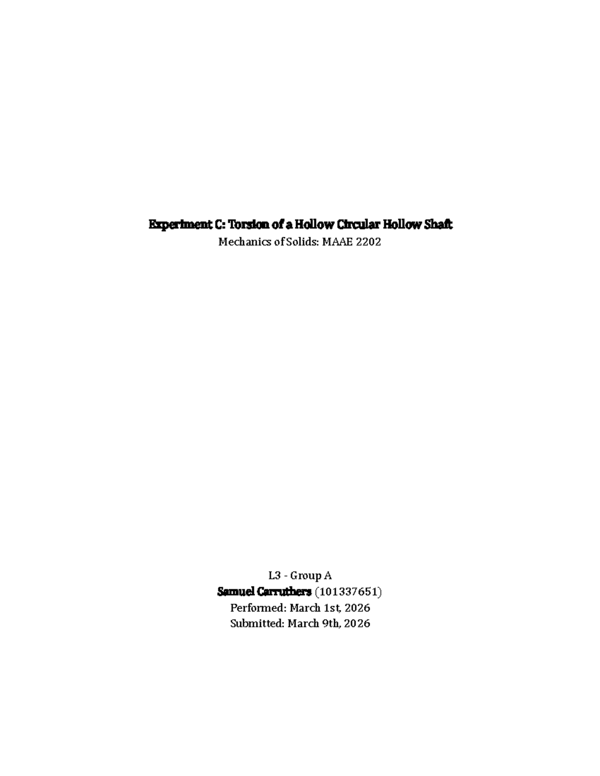 MAAE 2202 Lab C: Torsion Experiment of Hollow Circular Shaft - Studocu