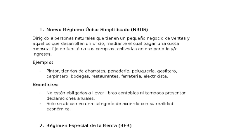 Regimenes Tributarios en Perú: NRUS, RER, RMT y General - Studocu