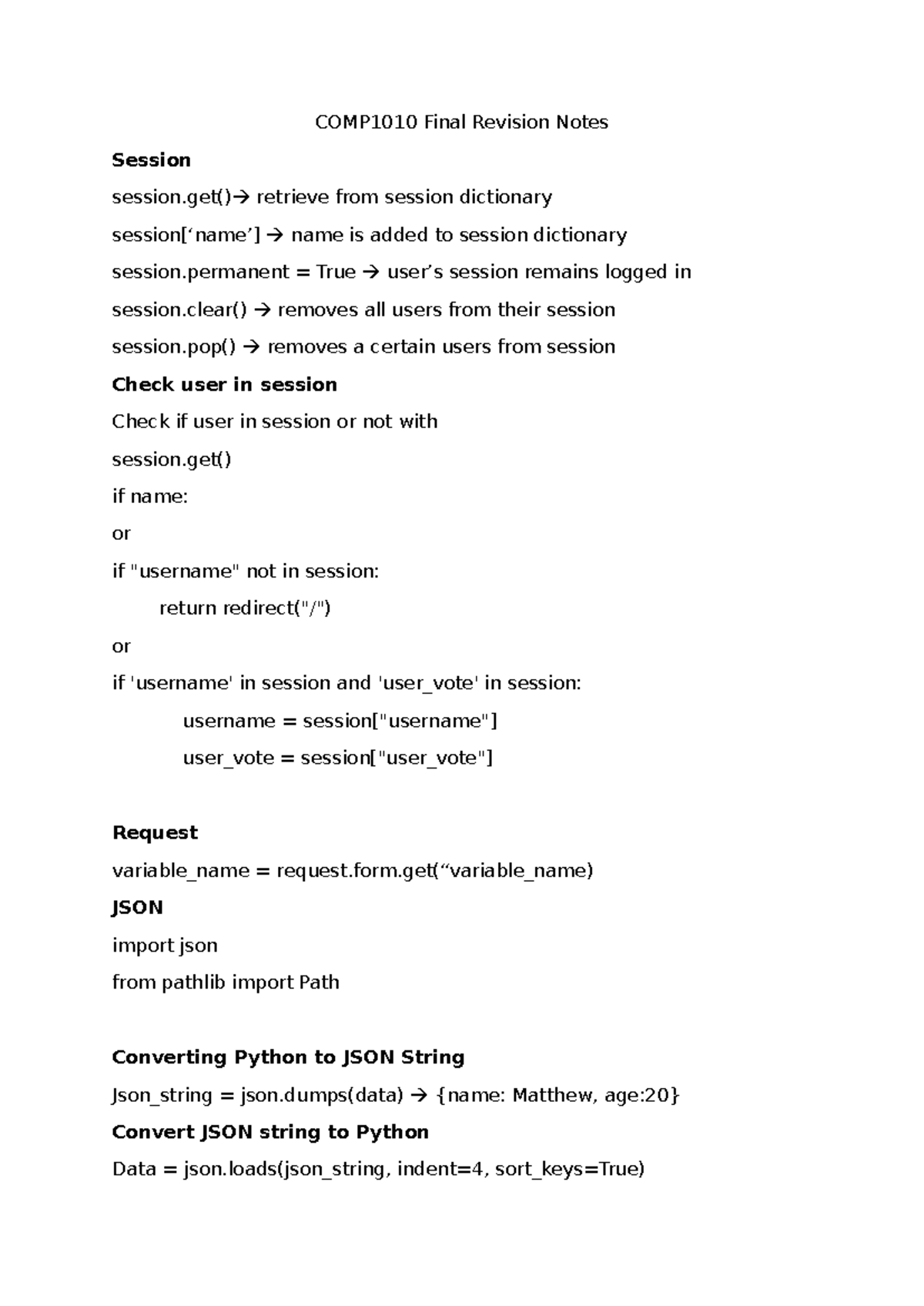 COMP1010 Final Revision Notes on Session Management and JSON - Studocu