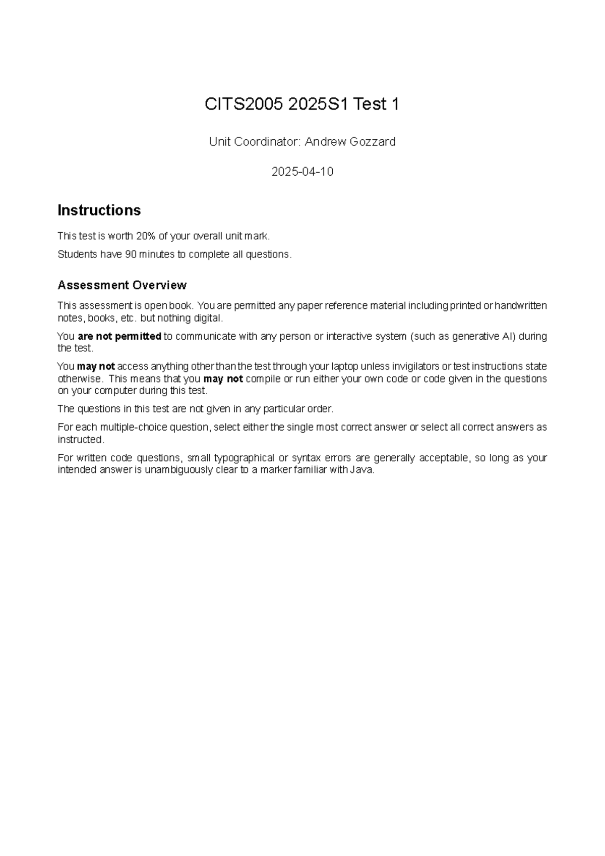 CITS2005 2025S1 Test 1 Answer Key and Explanations - Studocu