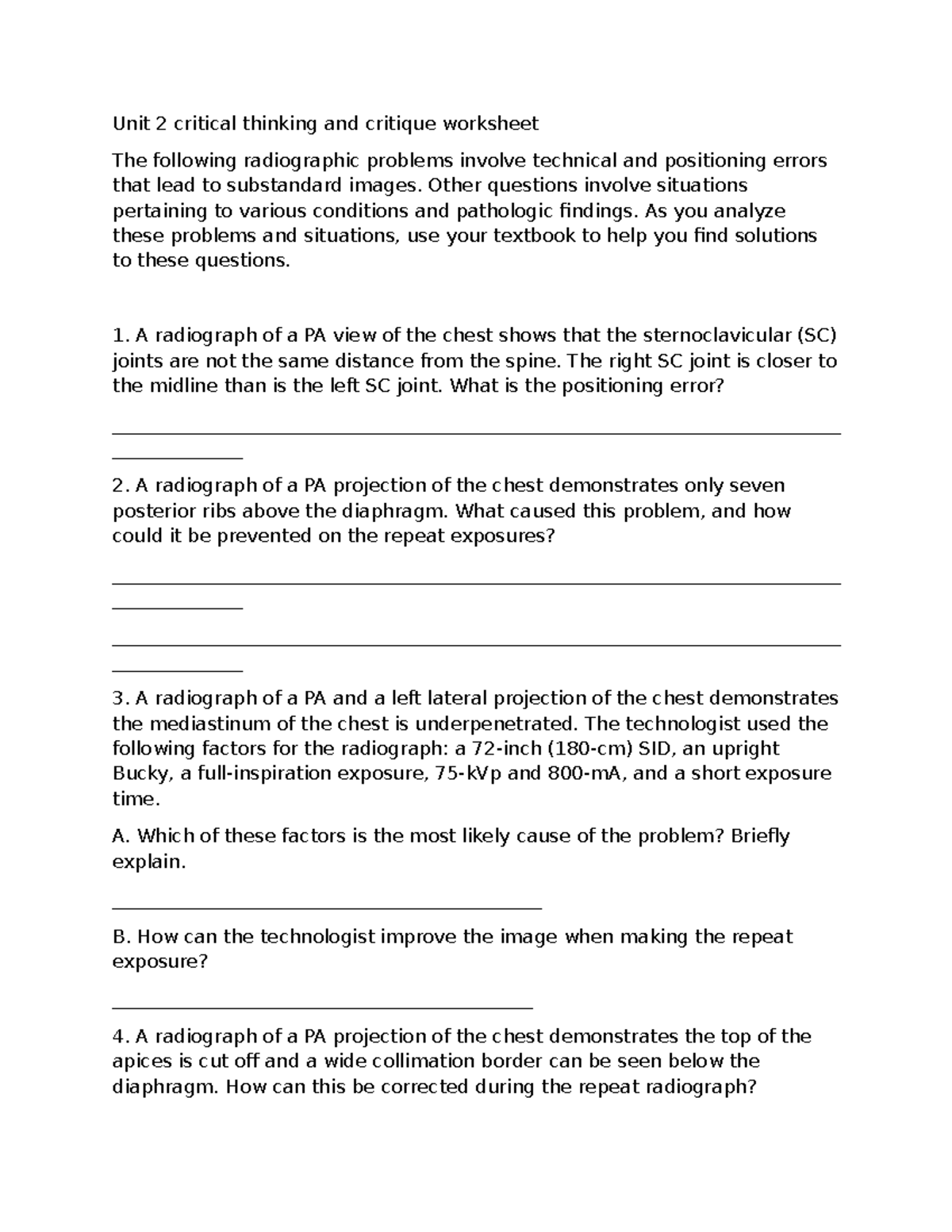 Unit 2: Critical Thinking & Critique Worksheet for Radiographic Errors ...