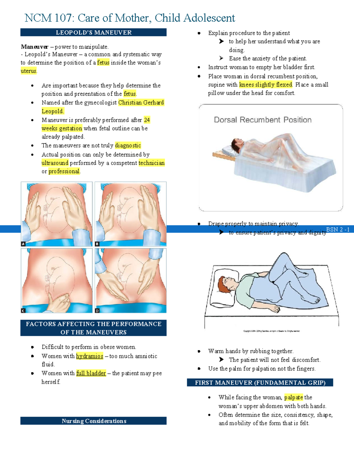 NCM 107: Leopold Maneuvers for Fetal Position Assessment - Studocu