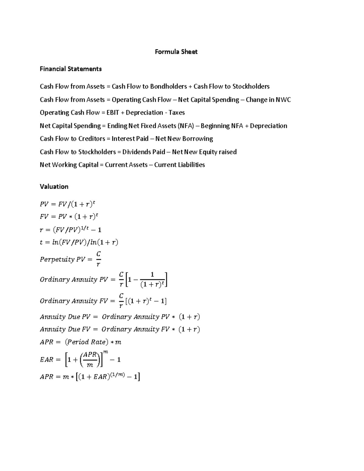 Formula Sheet for Financial Statements - Exam 1 - Studocu