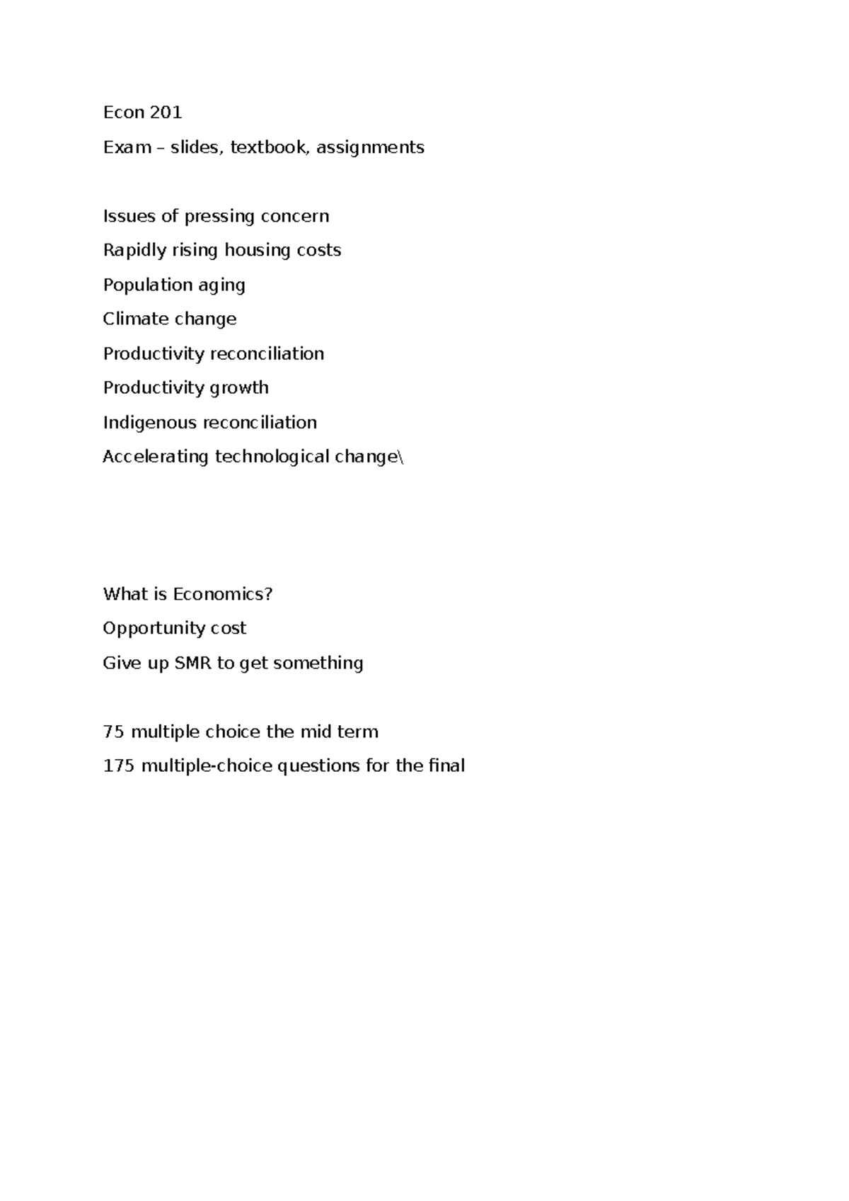 Econ 201 - Exam Notes: Key Issues & Concepts for Midterm & Final - Studocu