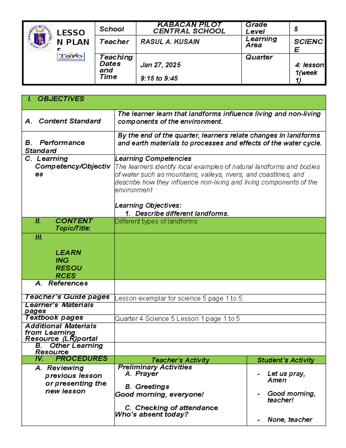 Lesson Plan 5: Understanding Landforms in Science 5 (Quarter 4) - Studocu