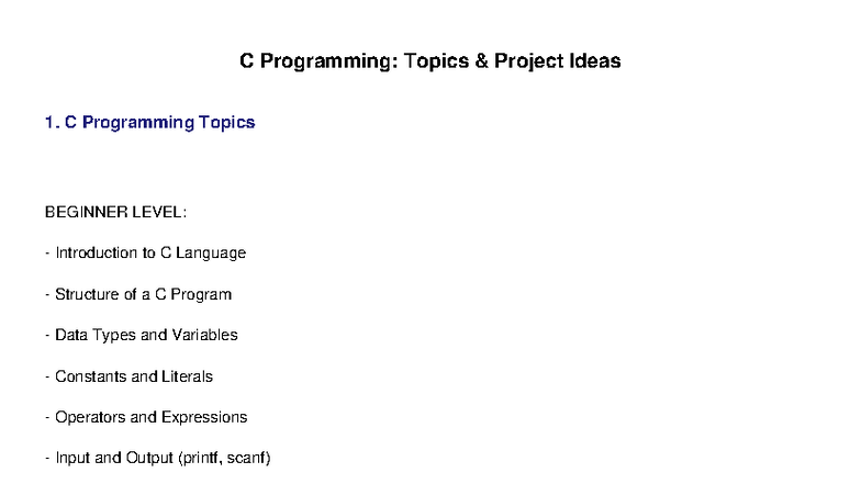 C Programming (CS101): Topics and Project Ideas Overview - Studocu
