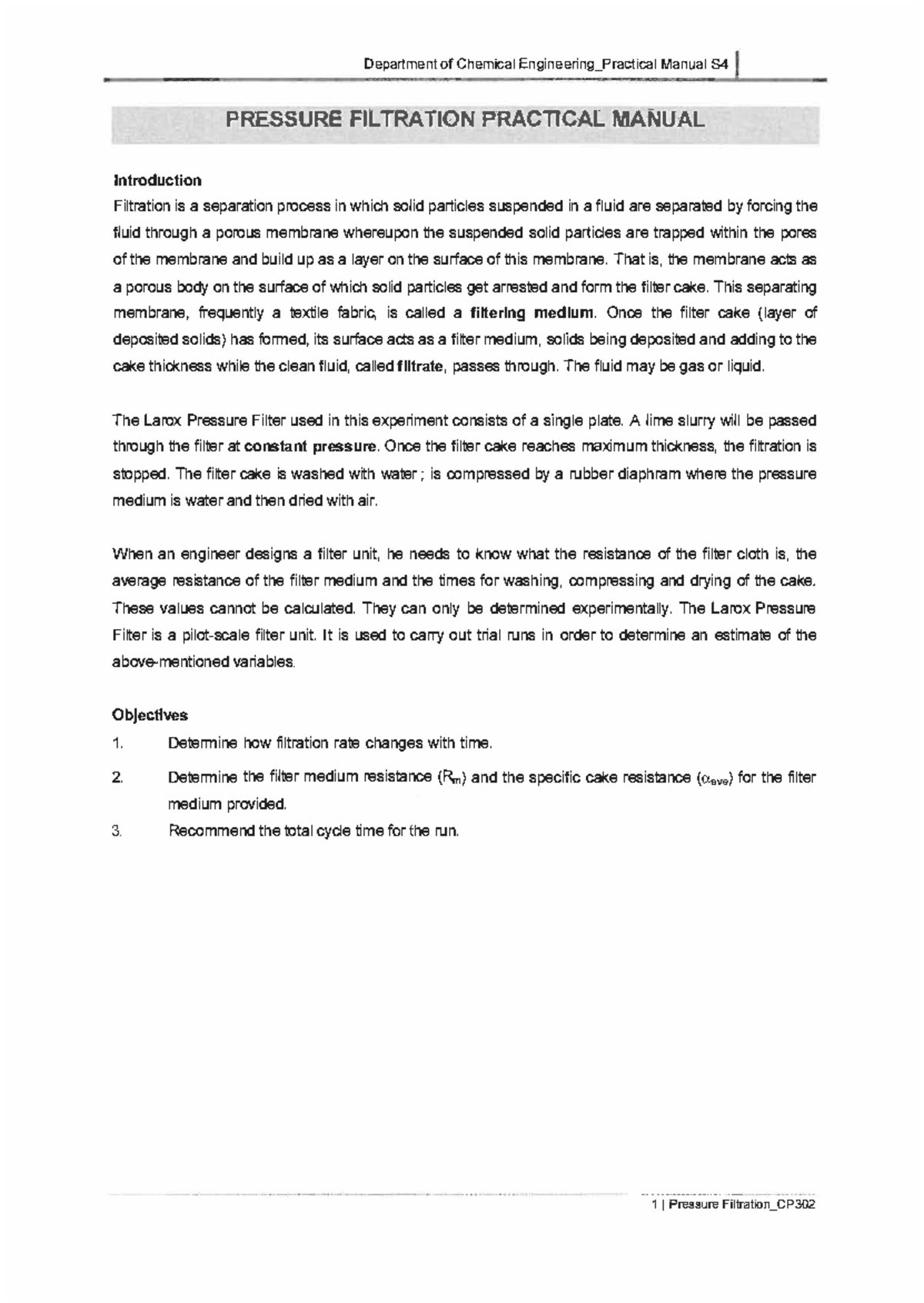 Pressure Filtration Pract Man: Objectives, Results & Discussion - Studocu