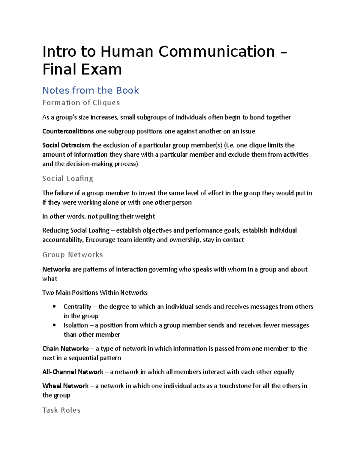 Final Exam Notes for Intro to Human Communication (Course Code: X ...