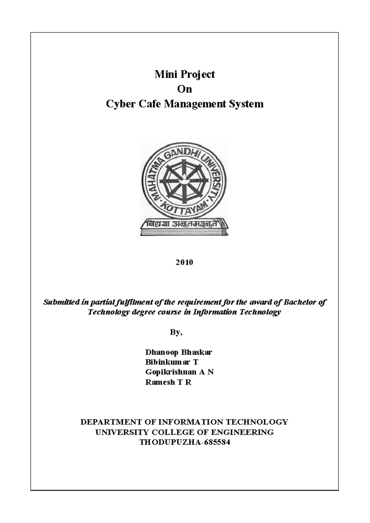 Cyber Cafe Management System Mini Project Report (IT 2010) - Studocu