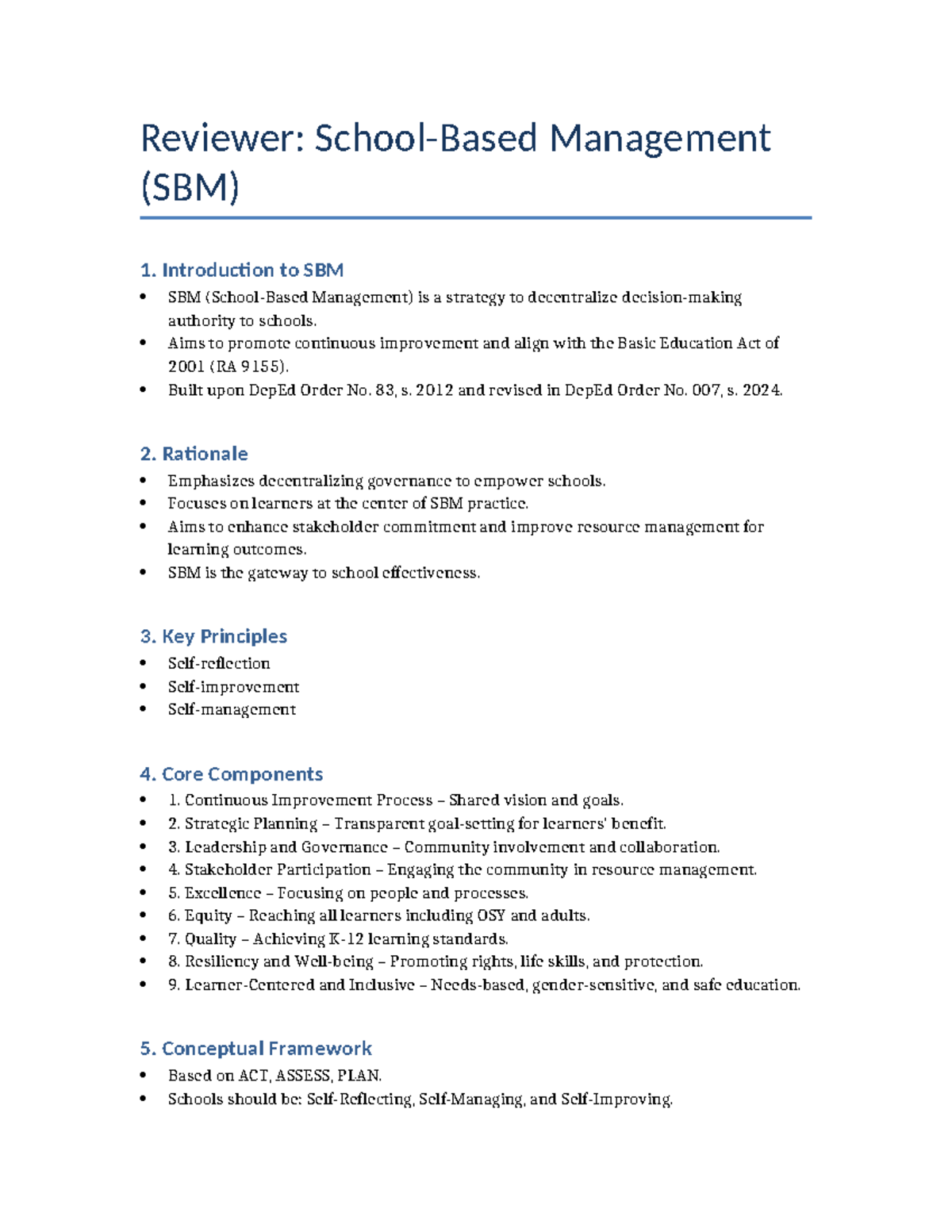 SBM Reviewer: Key Principles and Framework for Management - Studocu