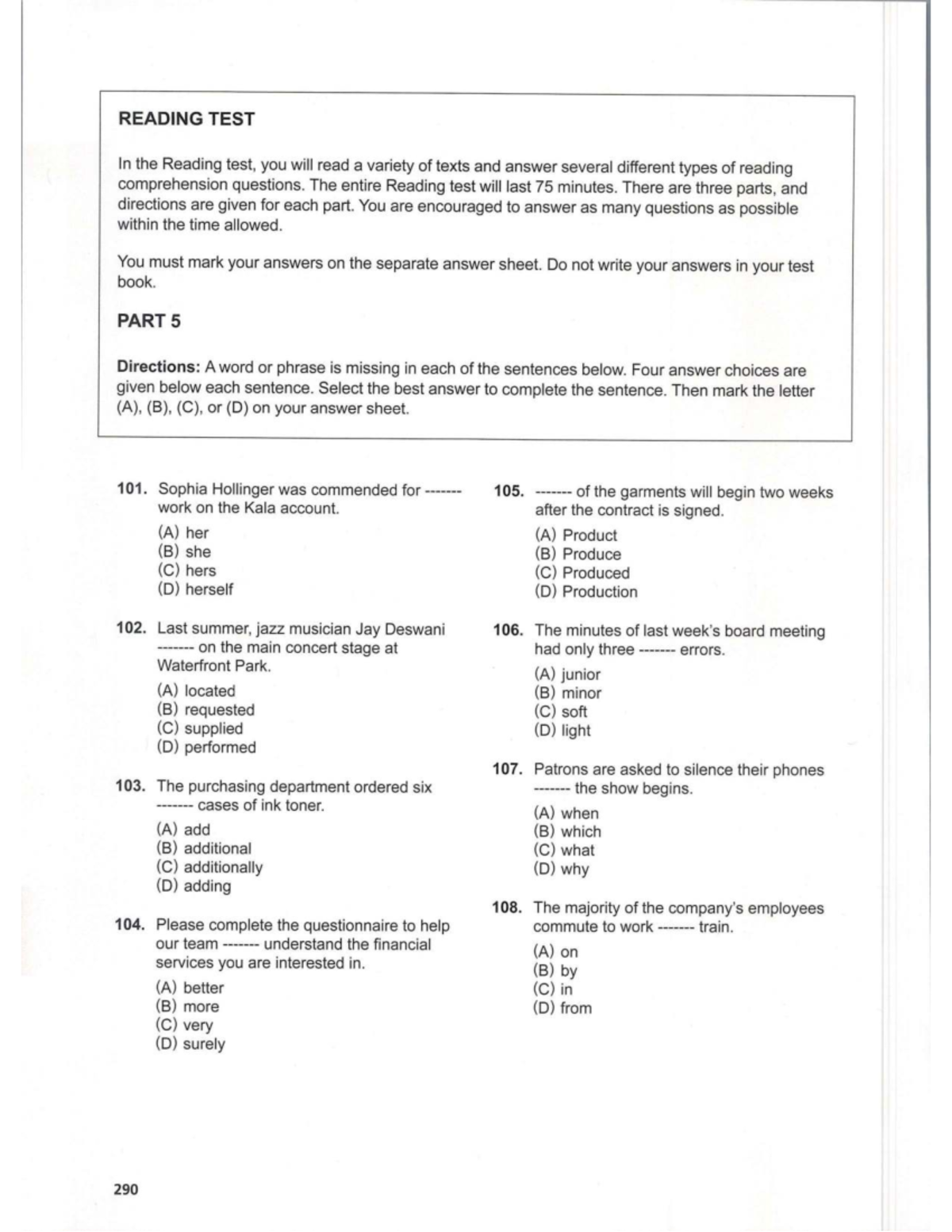 READING TEST: Comprehension Questions and Directions - Studocu