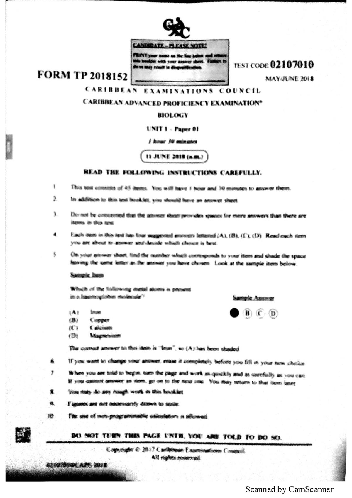 Biology CAPE 2018 Unit 1 Paper 1 Exam Notes - Studocu