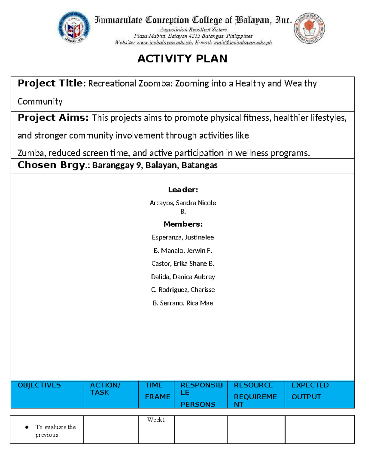 ACTIVITY PLAN: Recreational Zumba Project for Community Wellness - Studocu