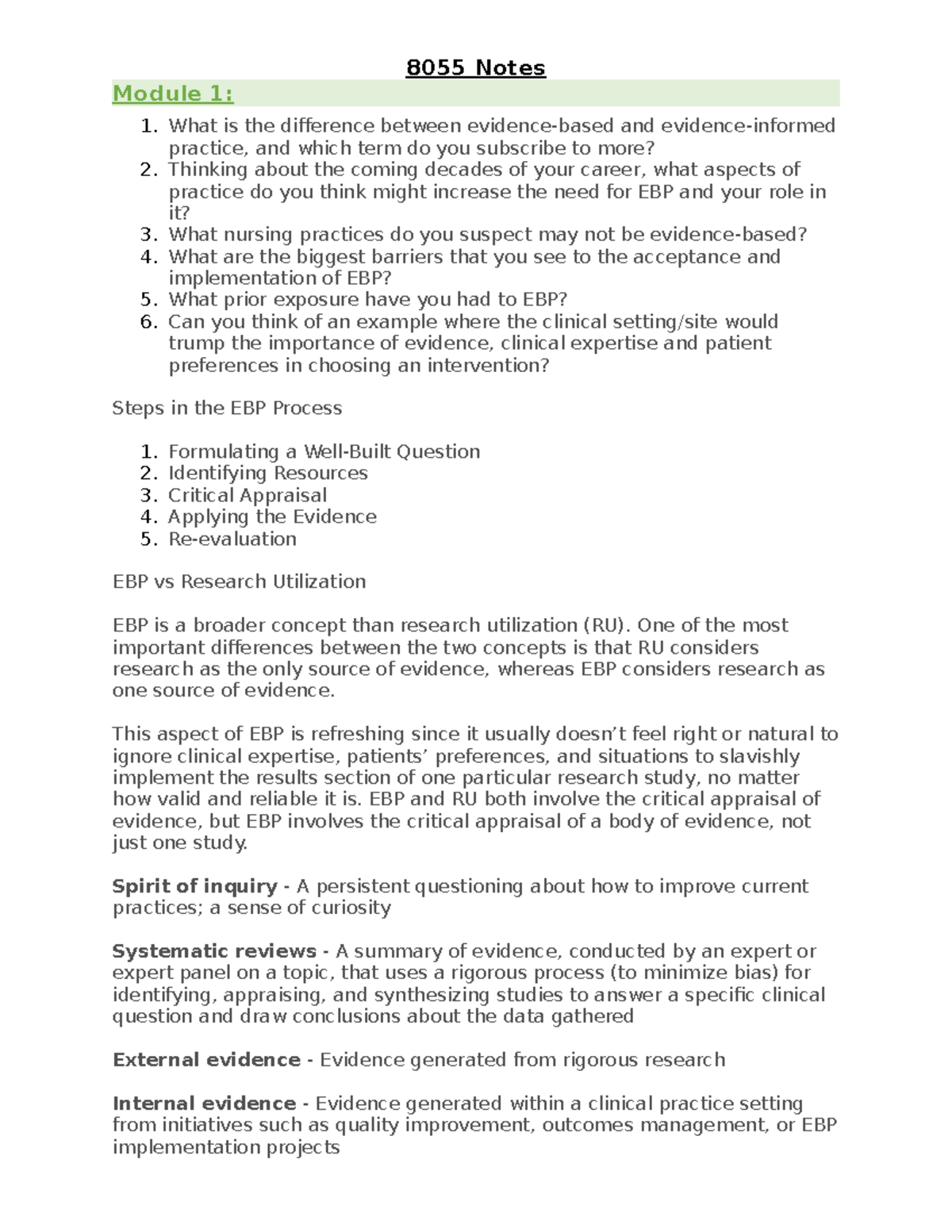 EBP and Nursing Practice: Comprehensive 8055 Study Notes - Studocu