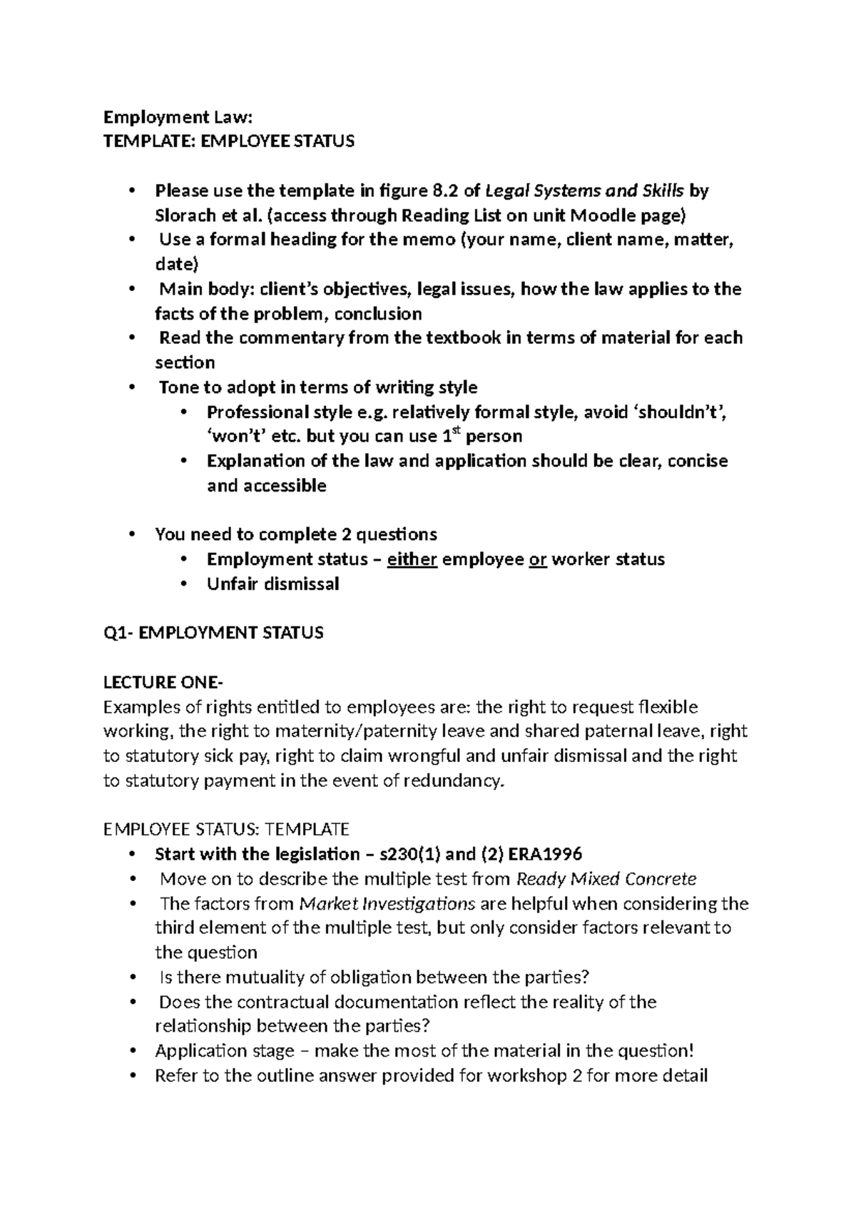 Employment Law Q1: Employee Status & Unfair Dismissal Notes - Studocu