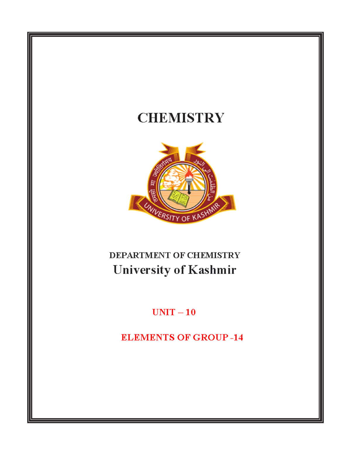 BSC Chemistry 1st Year UNIT 10: Group 14 Elements Overview - Studocu
