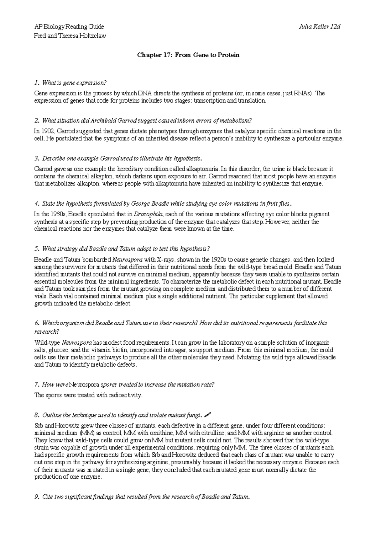 Chapter 17 - Gene expression is the process by which DNA directs the ...
