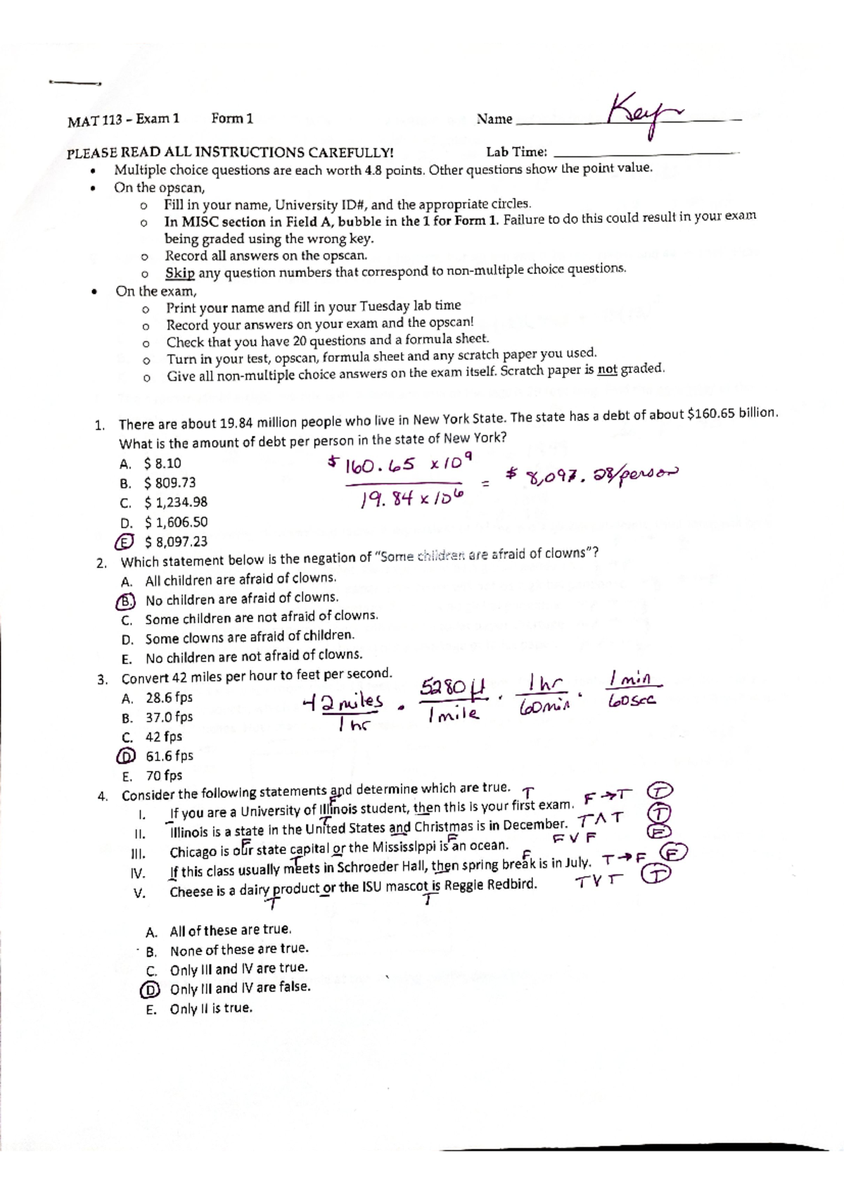 MAT 113 Exam 1 Key Spring 2023 - Answer Key & Instructions - Studocu