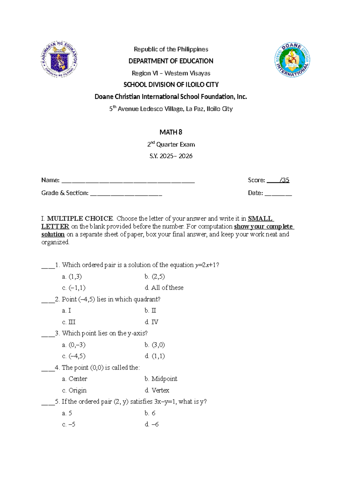 MATH 8 2nd Quarter Summative Exam S.Y. 2026 - Studocu