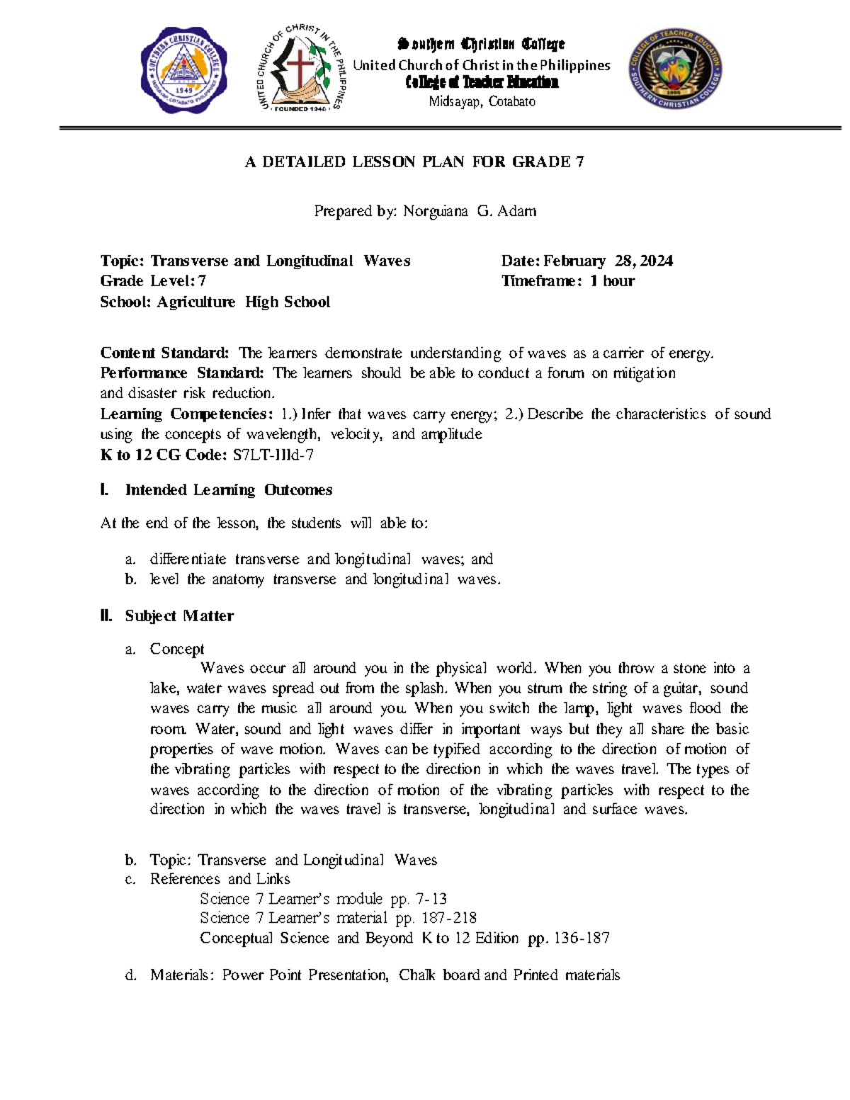 Detailed Lesson Plan for Grade 7: Transverse & Longitudinal Waves - Studocu