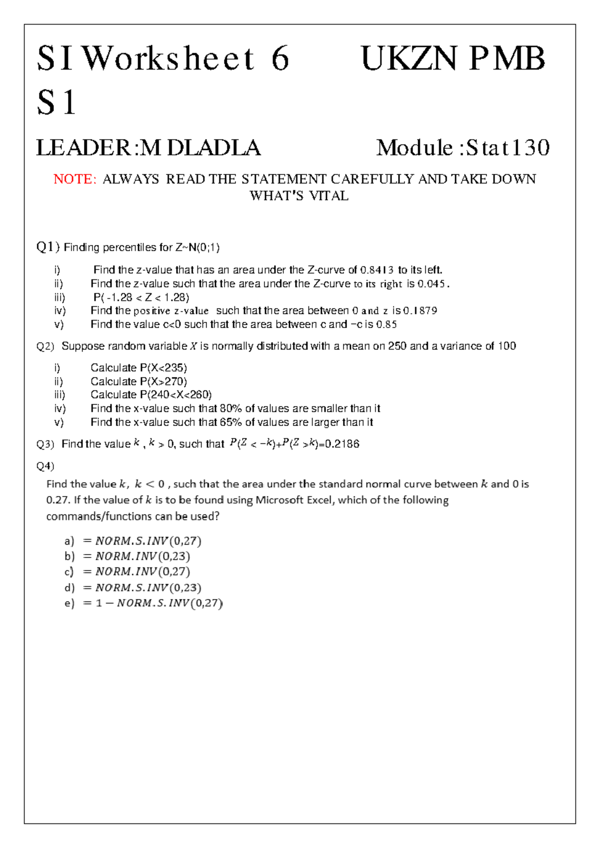 SI Worksheet 6: Percentiles and Normal Distribution - Stat130 - Studocu