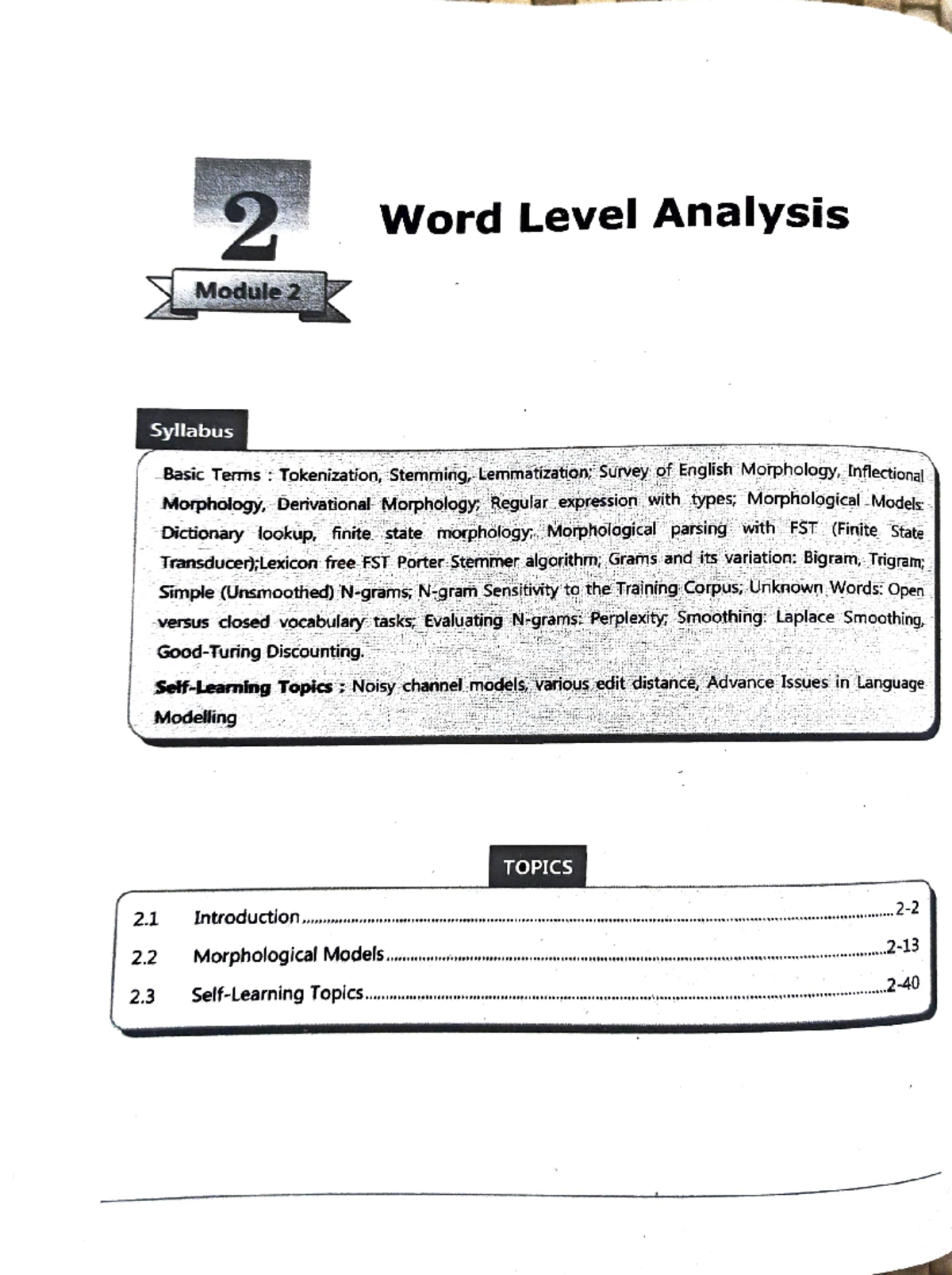 NLP Module 2: Word Level Analysis and Morphological Models (SH25) - Studocu