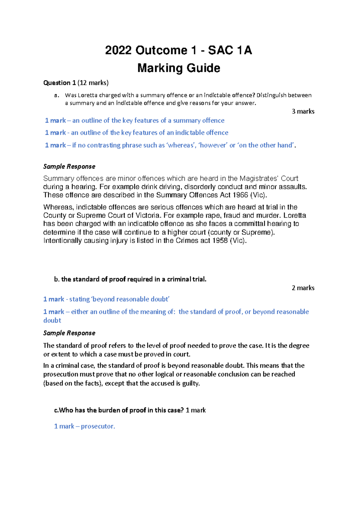 2022 SAC 1A Marking Guide: Criminal Law Offences & Rights Analysis ...