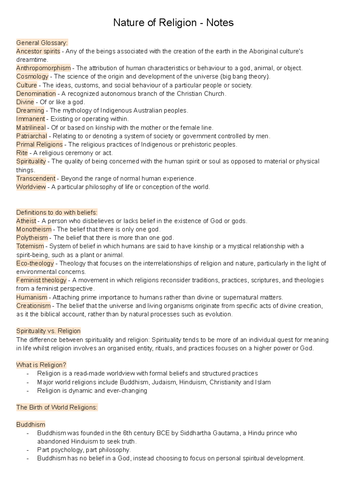 Nature of Religion Notes: Key Concepts and Definitions - Studocu