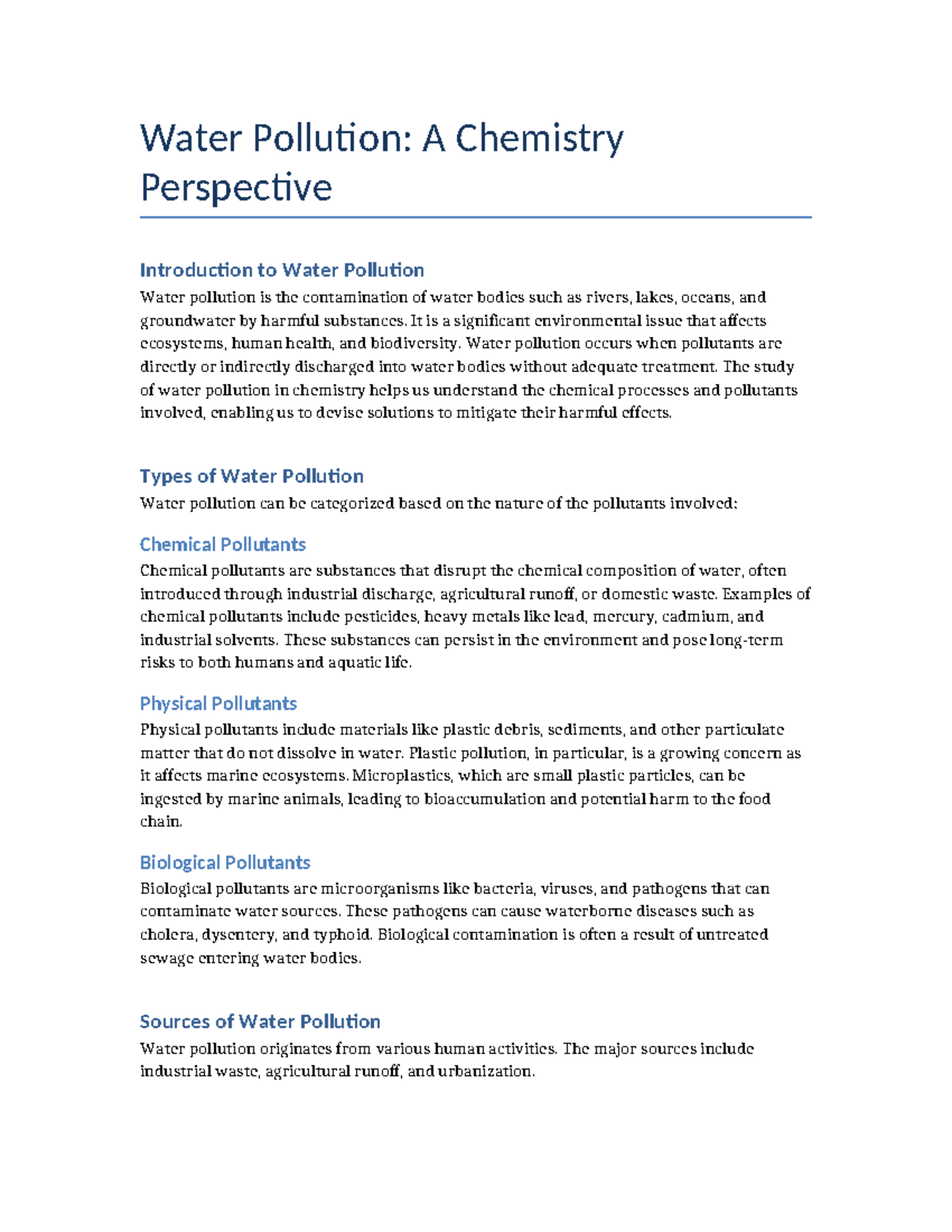 Water Pollution Report Detailed - Water Pollution: A Chemistry ...